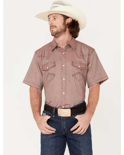 Image #1 - Cody James Men's Flock Solid Pearl Snap Western Shirt , Burgundy, hi-res