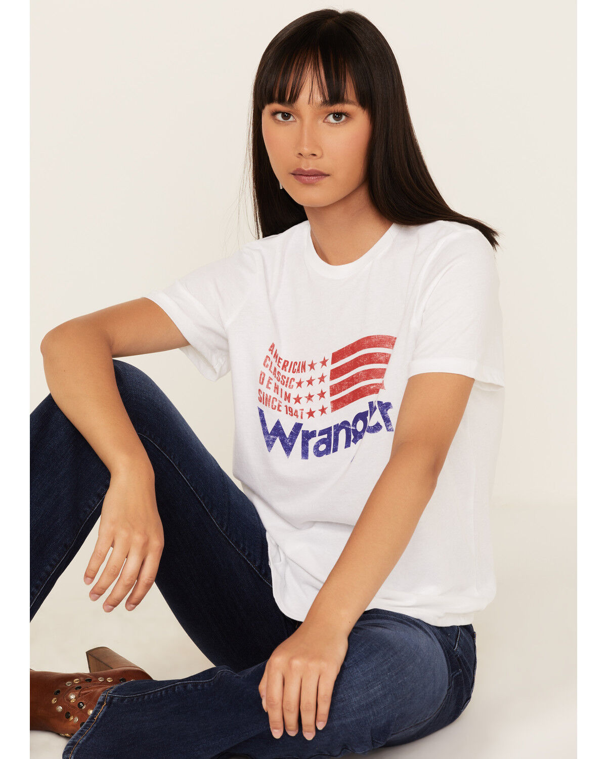 Image #1 - Wrangler Women's Vintage Americana Flag Logo Graphic Tee, White, hi-res