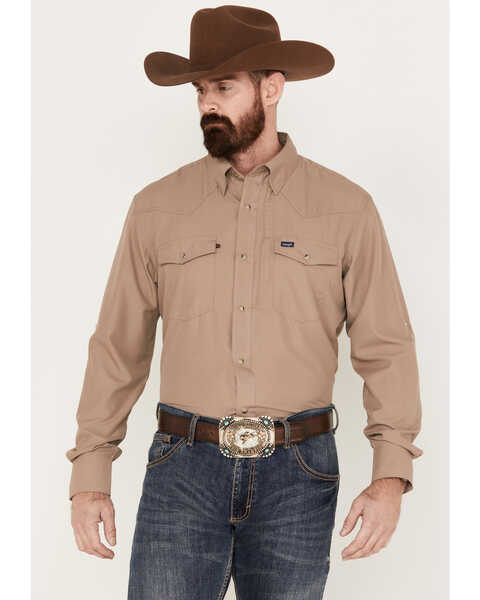 Image #1 - Wrangler Men's Solid Performance Long Sleeve Snap Western Shirt, Tan, hi-res