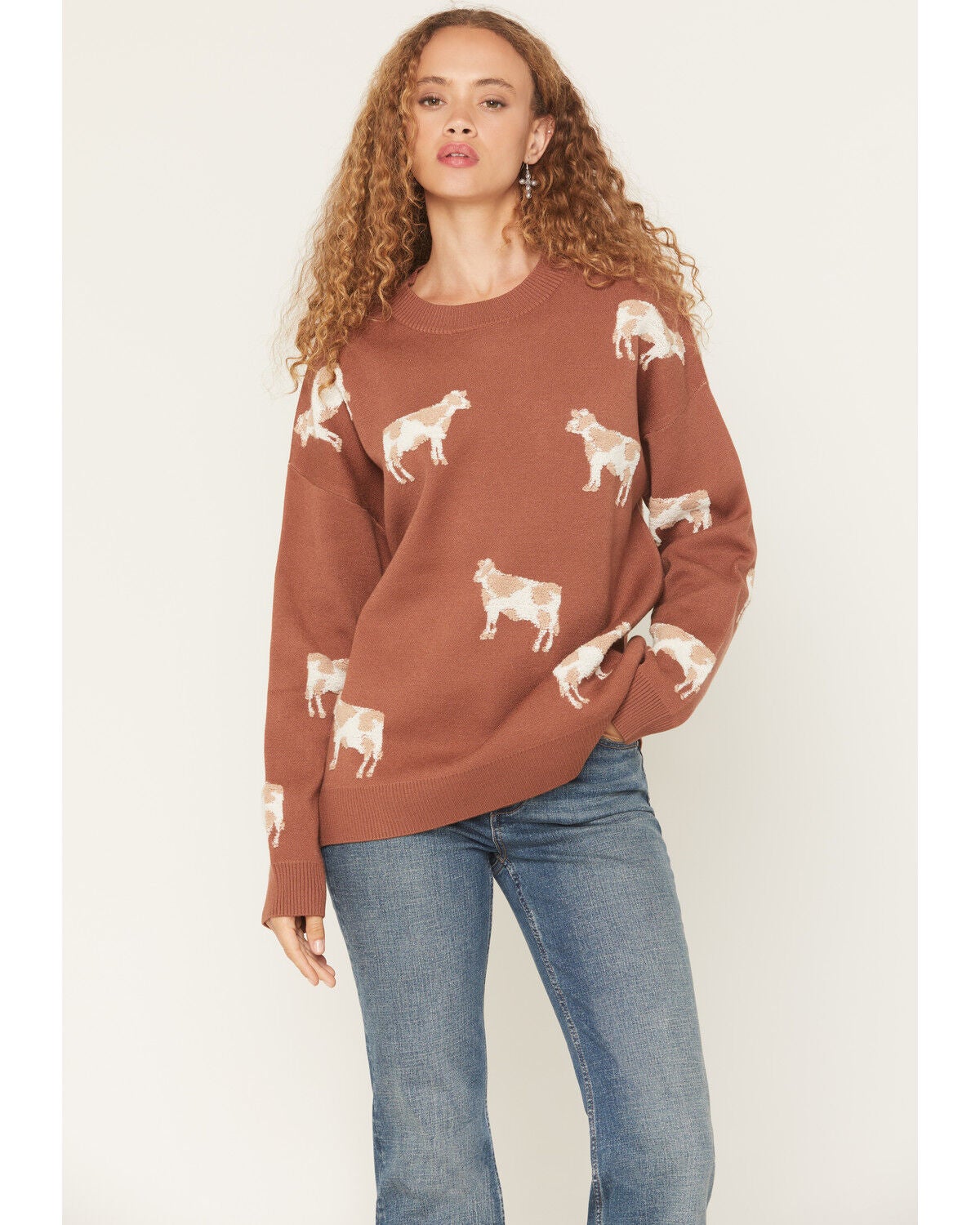 Originality Women's Cow Tunic Sweater, Brown, hi-res