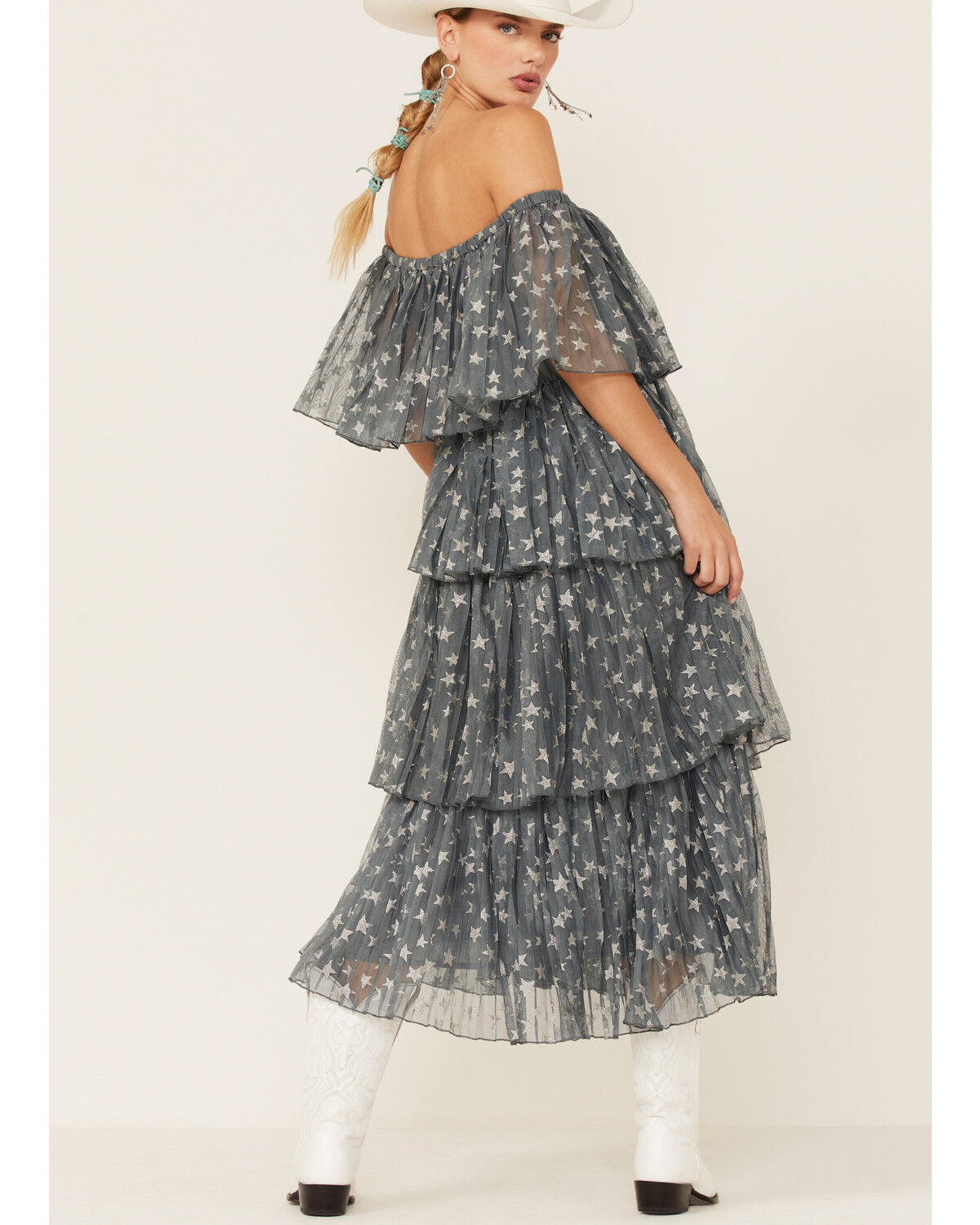 Image #4 - Z&L Women's Off-the-Shoulder Star Print Tiered Midi Dress, Multi, hi-res