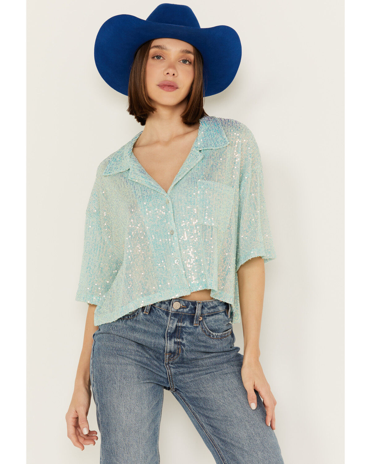 Image #2 - POL Women's Sequin Button Up Top, Blue, hi-res