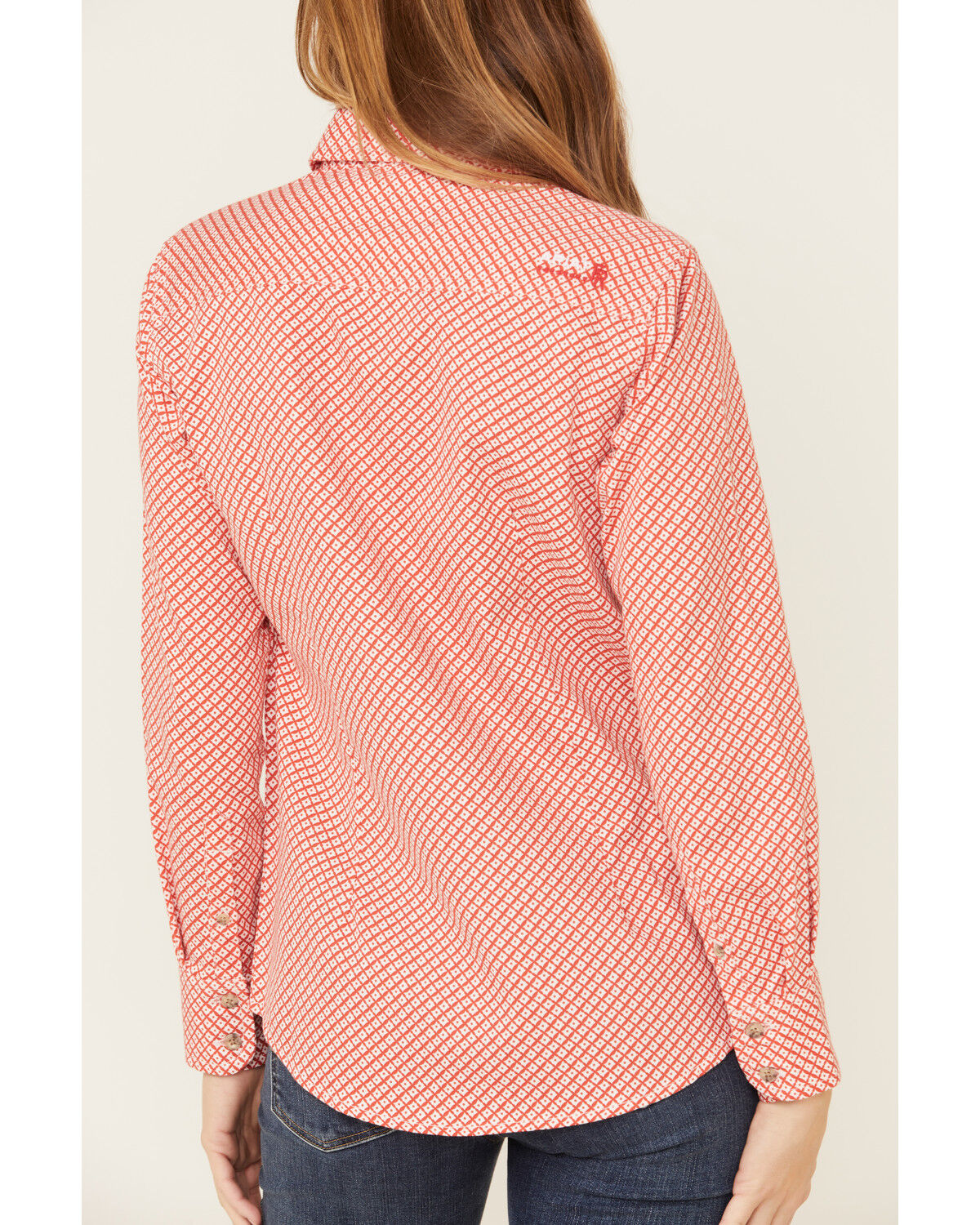 Image #5 - Ariat Women's Boot Barn Exclusive FR Sofia Geo Print Long Sleeve Button Down Work Shirt, Red, hi-res