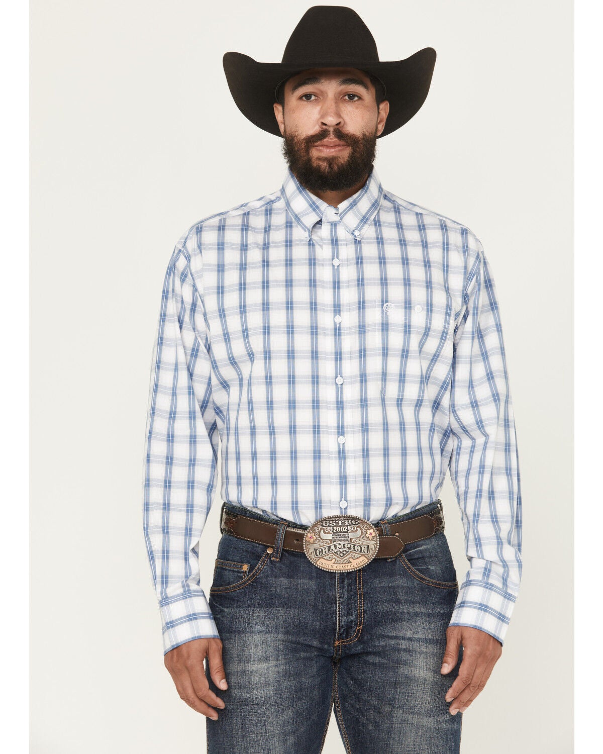 Image #1 - George Strait by Wrangler Men's Plaid Print Long Sleeve Button-Down Stretch Western Shirt, White, hi-res