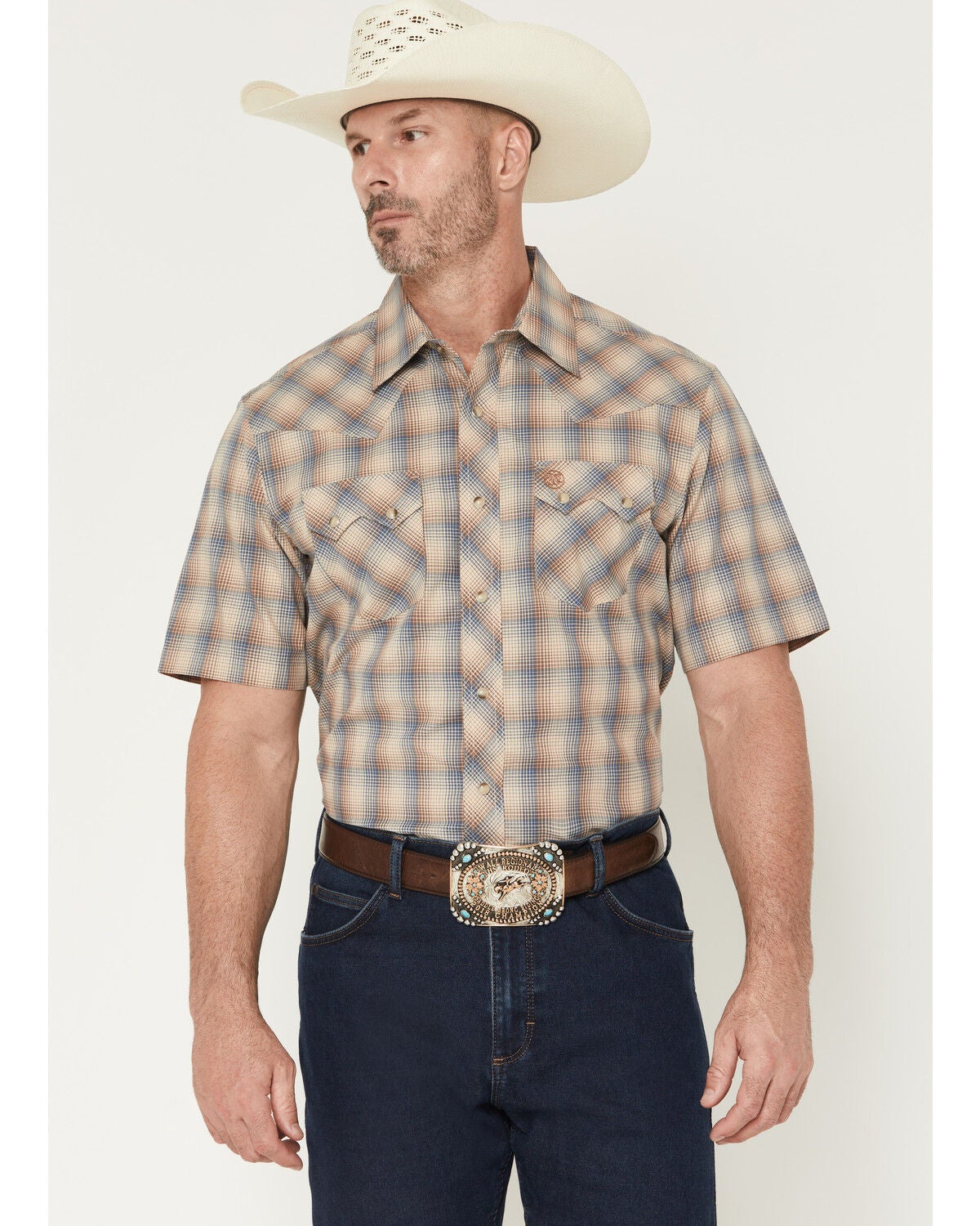 Image #1 - Wrangler Retro Men's Plaid Print Short Sleeve Snap Western Shirt, Brown, hi-res