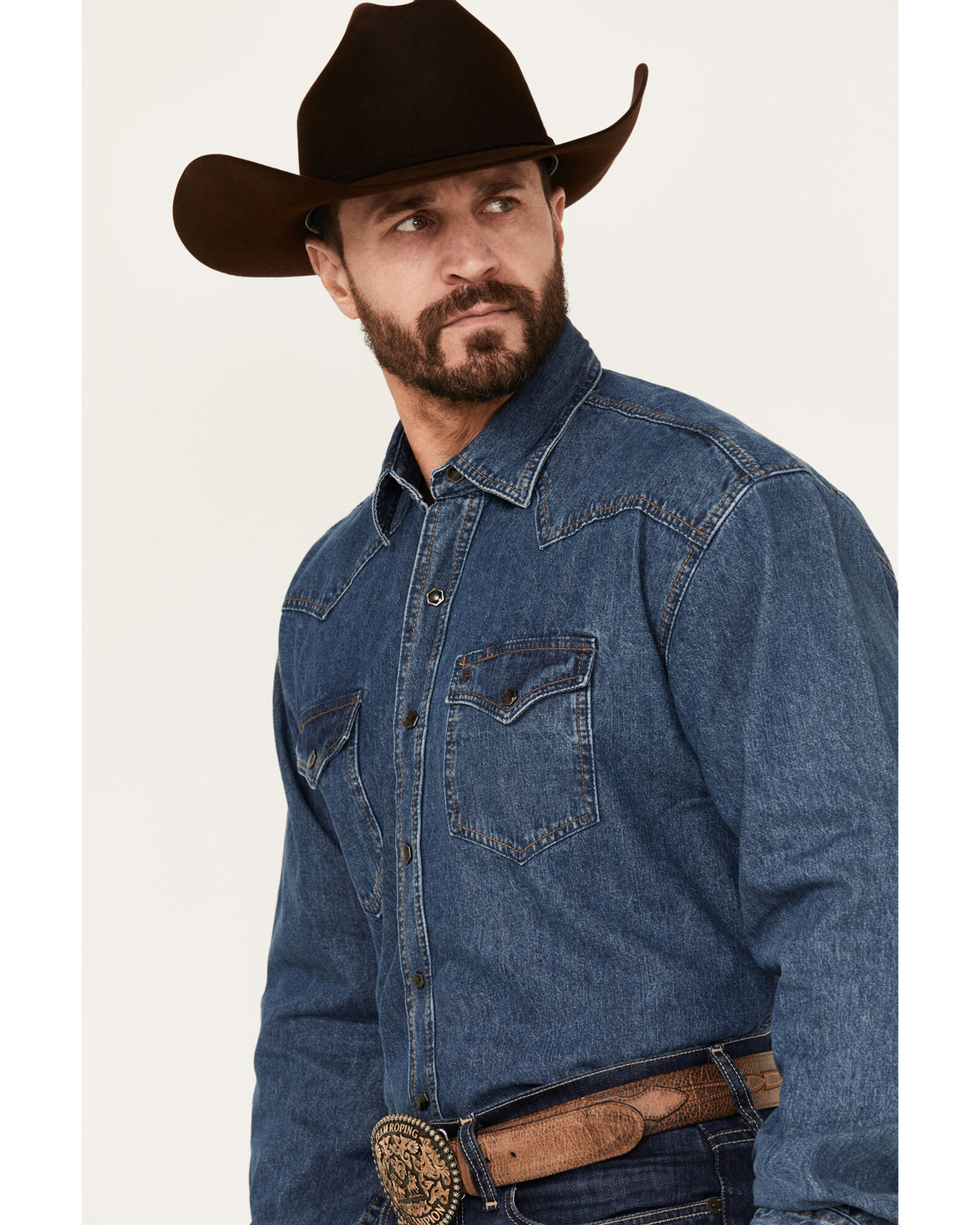 Image #2 - Stetson Men's Denim Long Sleeve Snap Western Shirt, Denim, hi-res