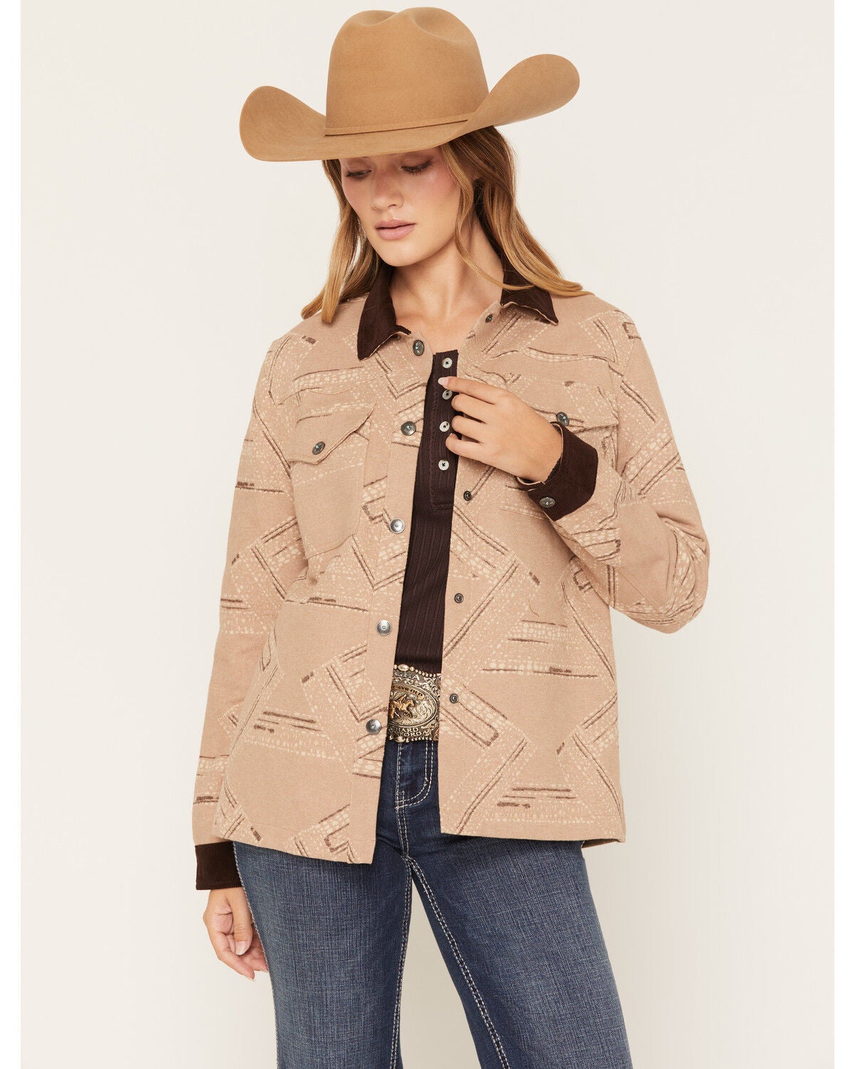 Image #1 - Shyanne Women's Broncfire Southwestern Print Shacket, Khaki, hi-res