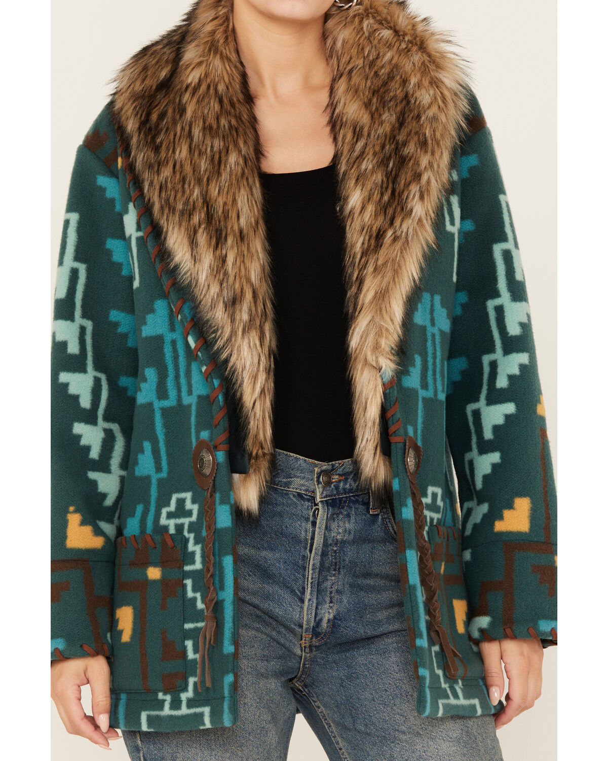 Image #3 - Tasha Polizzi Women's Southwestern Print Blanket Jullian Jacket, Teal, hi-res