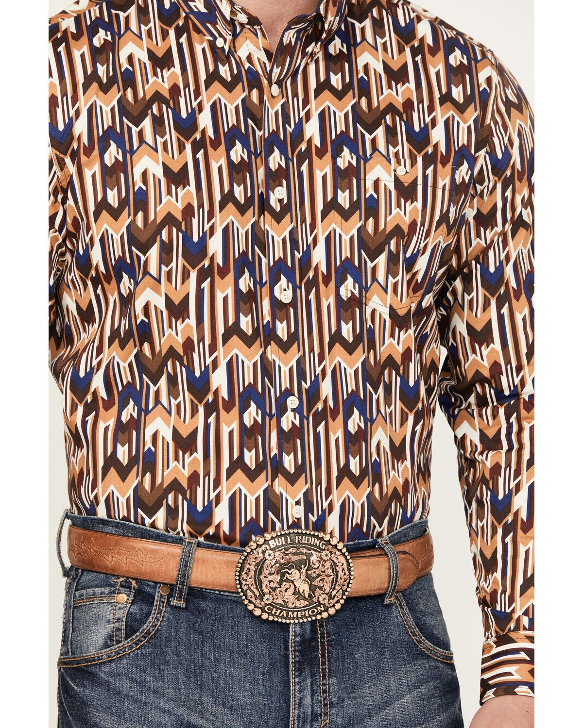 Image #3 - RANK 45&reg; Men's Lockwood Geo Striped Print Long Sleeve Button-Down Stretch Western Shirt, Lt Brown, hi-res