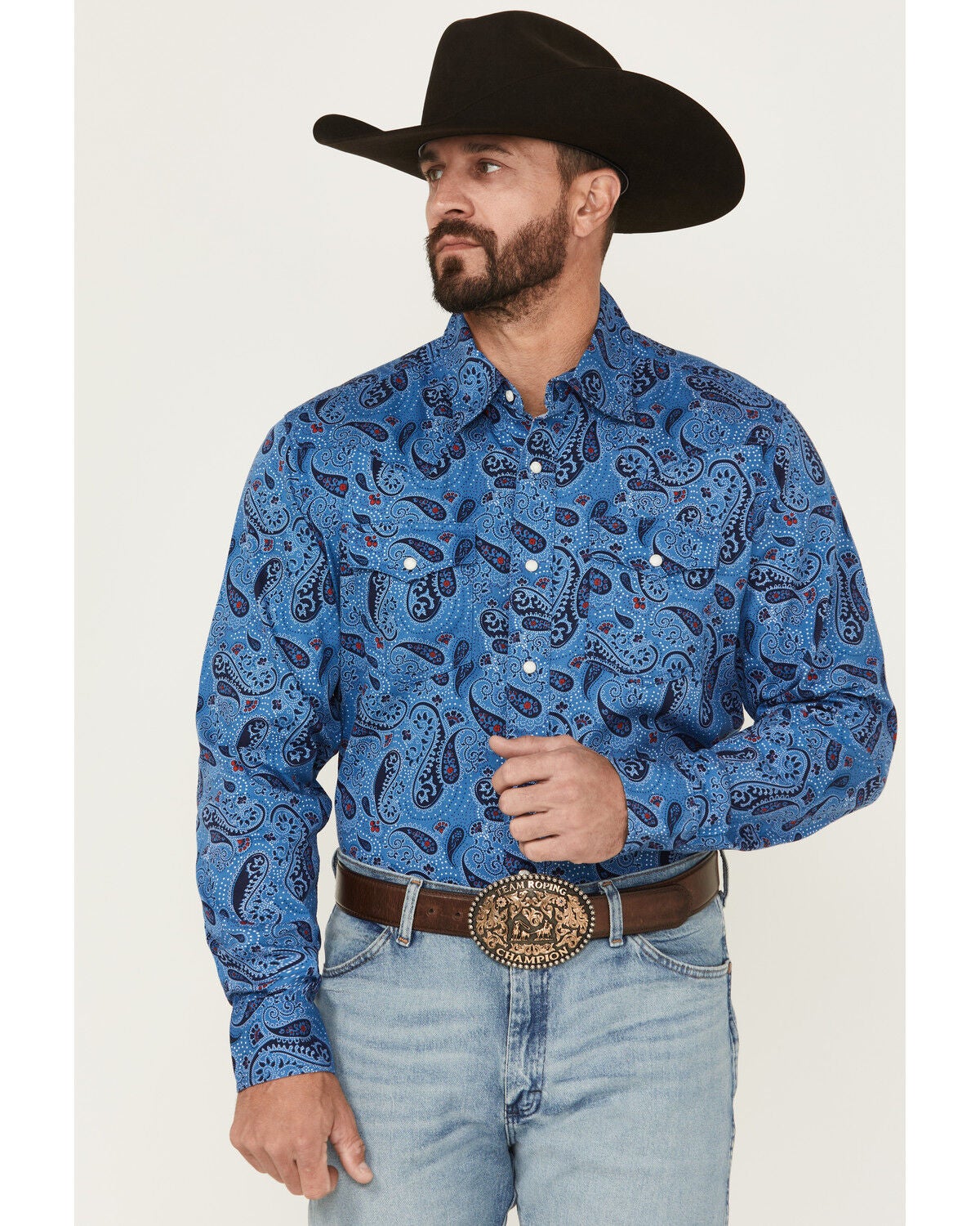 Image #1 - Wrangler Retro Men's Paisley Print Long Sleeve Snap Western Shirt, Navy, hi-res