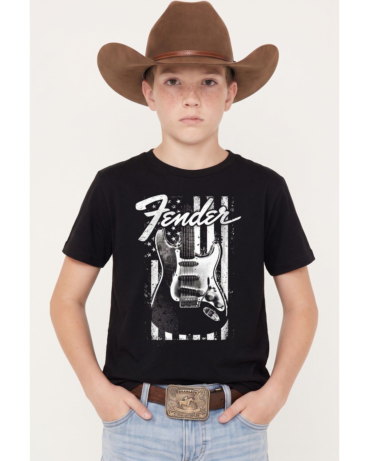 Image #1 - Fender Boys' Fender Flag Short Sleeve Graphic T-Shirt, Black, hi-res