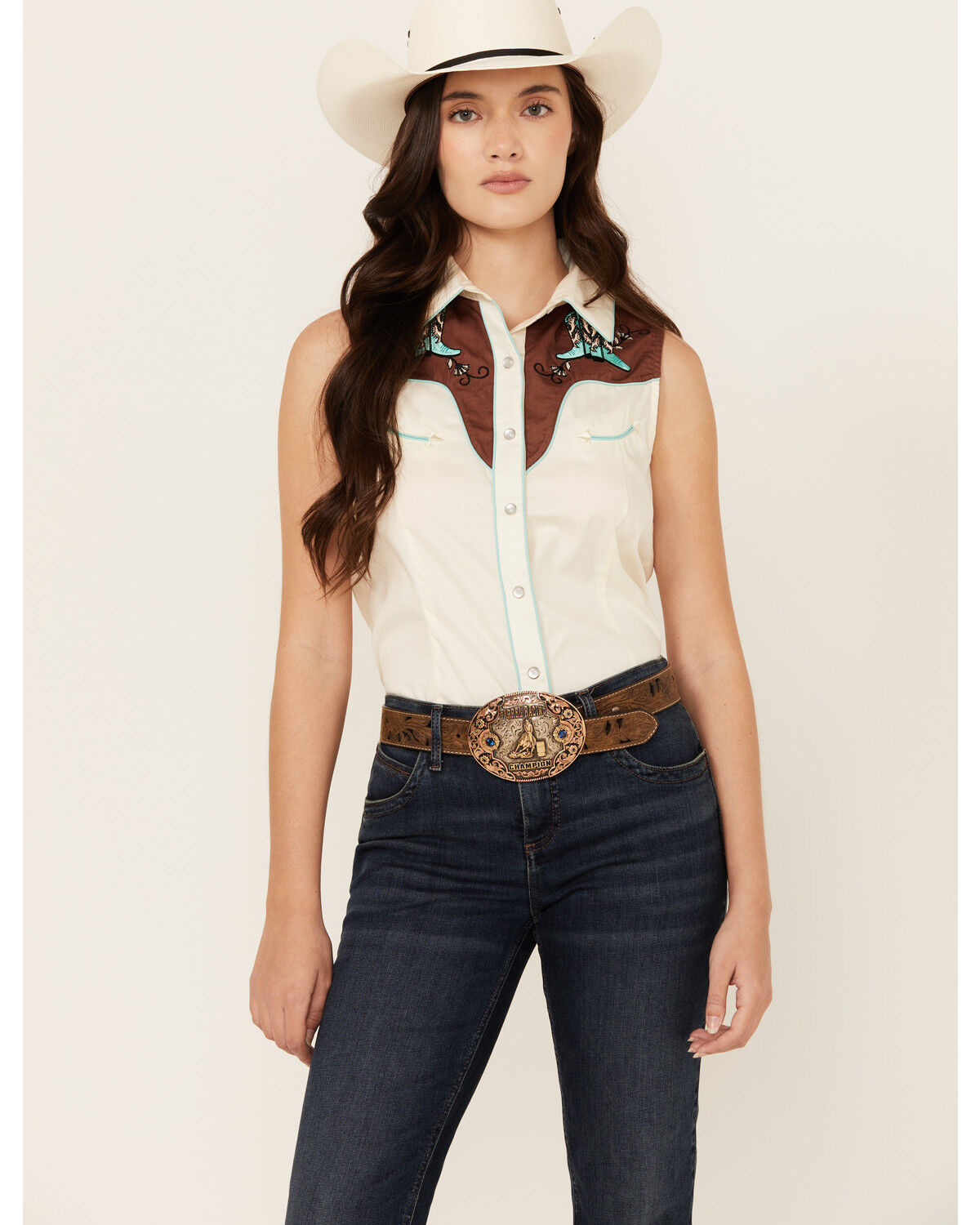 Image #1 - Panhandle Women's Retro Sleeveless Pearl Snap Western Shirt, Cream, hi-res