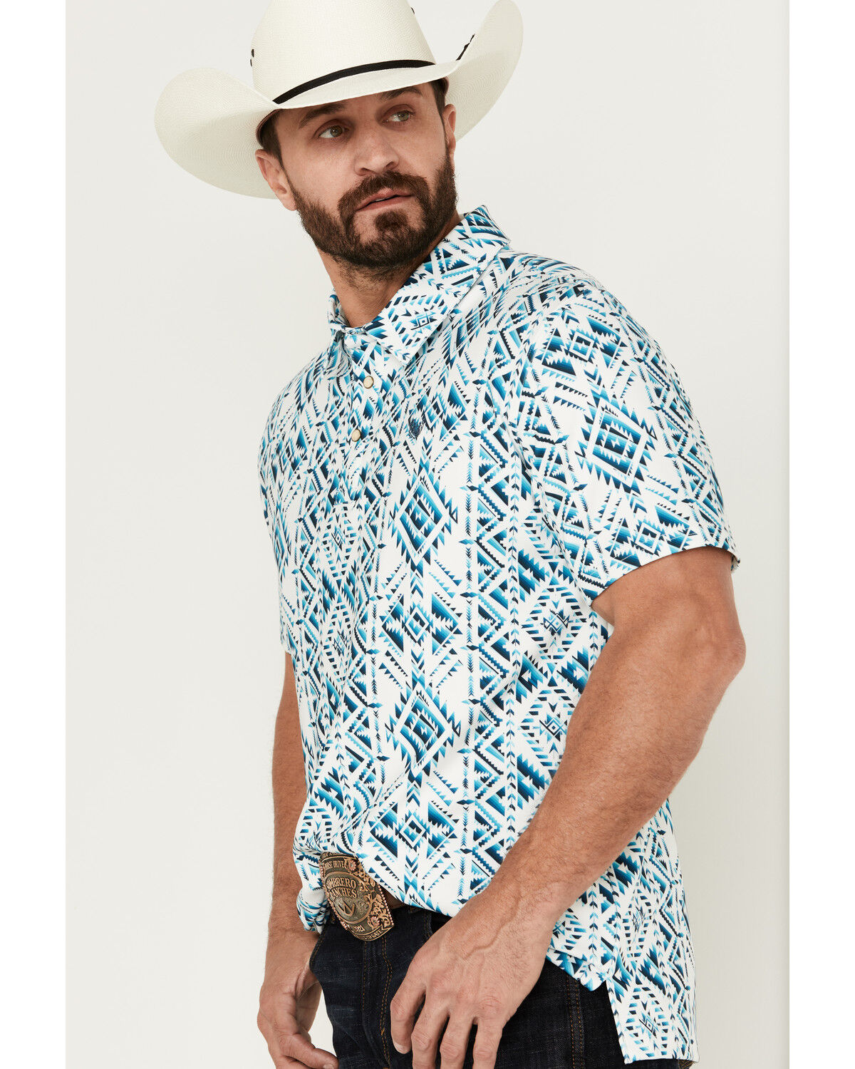Image #2 - Panhandle Men's Southwestern Print Short Sleeve Performance Polo Shirt, White, hi-res