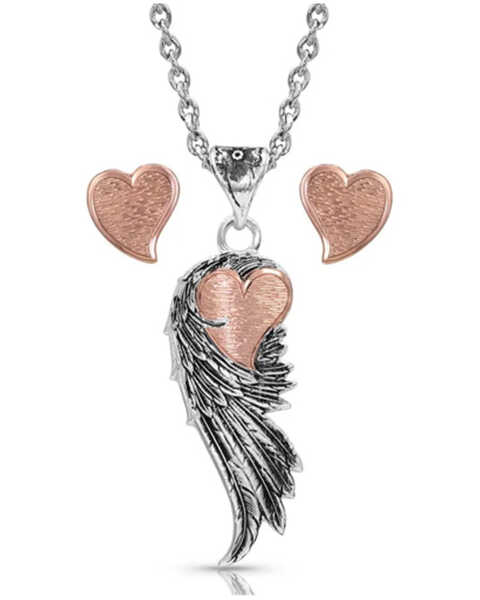 Montana Silversmiths Women's Rose Gold Heart Strings Feather Jewelry Set, Silver, hi-res