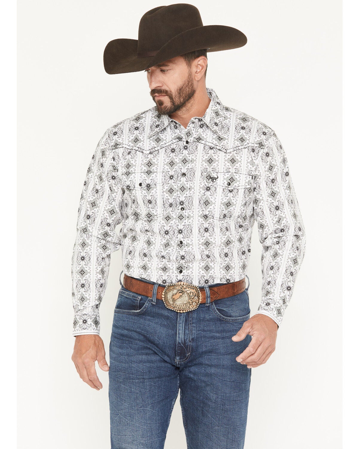 Image #1 - Cowboy Hardware Men's Medallion Print Long Sleeve Snap Stretch Western Shirt, White, hi-res