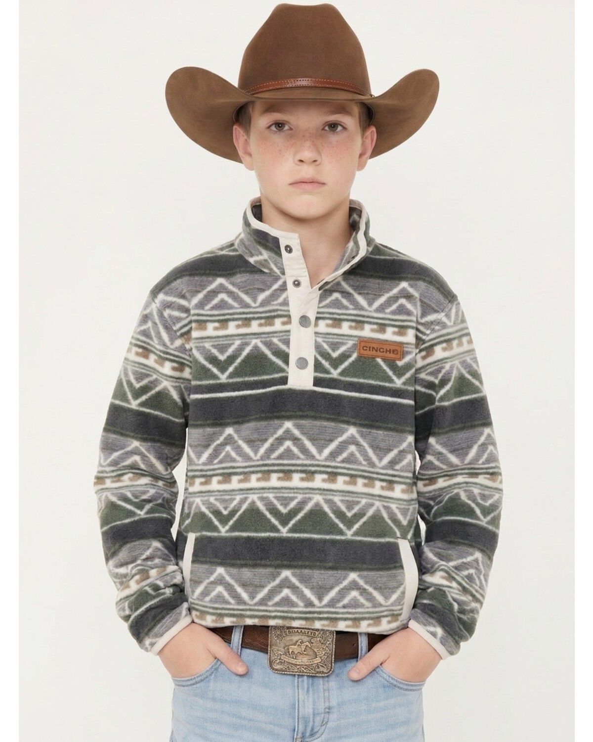 Cinch Boys' Southwestern Striped Polar Fleece Snap Pullover, Olive, hi-res