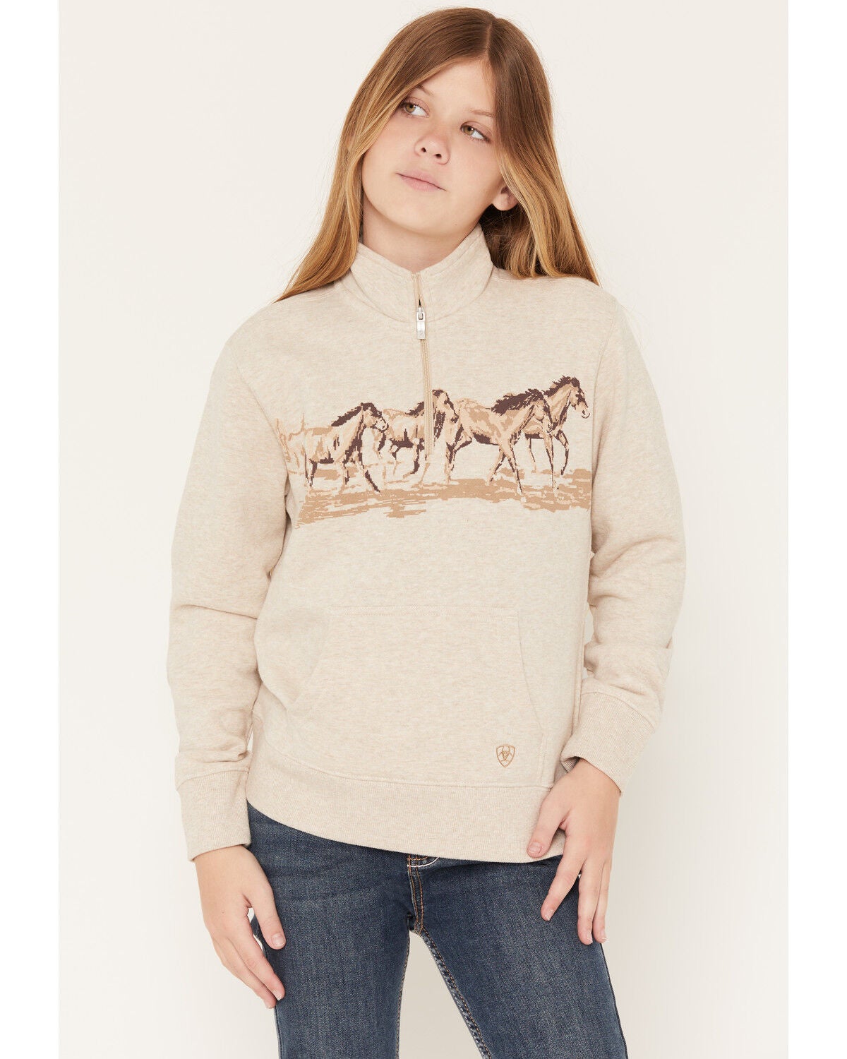 Ariat Girls' Running Horses 1/4 Zip Pullover Sweatshirt, Oatmeal, hi-res