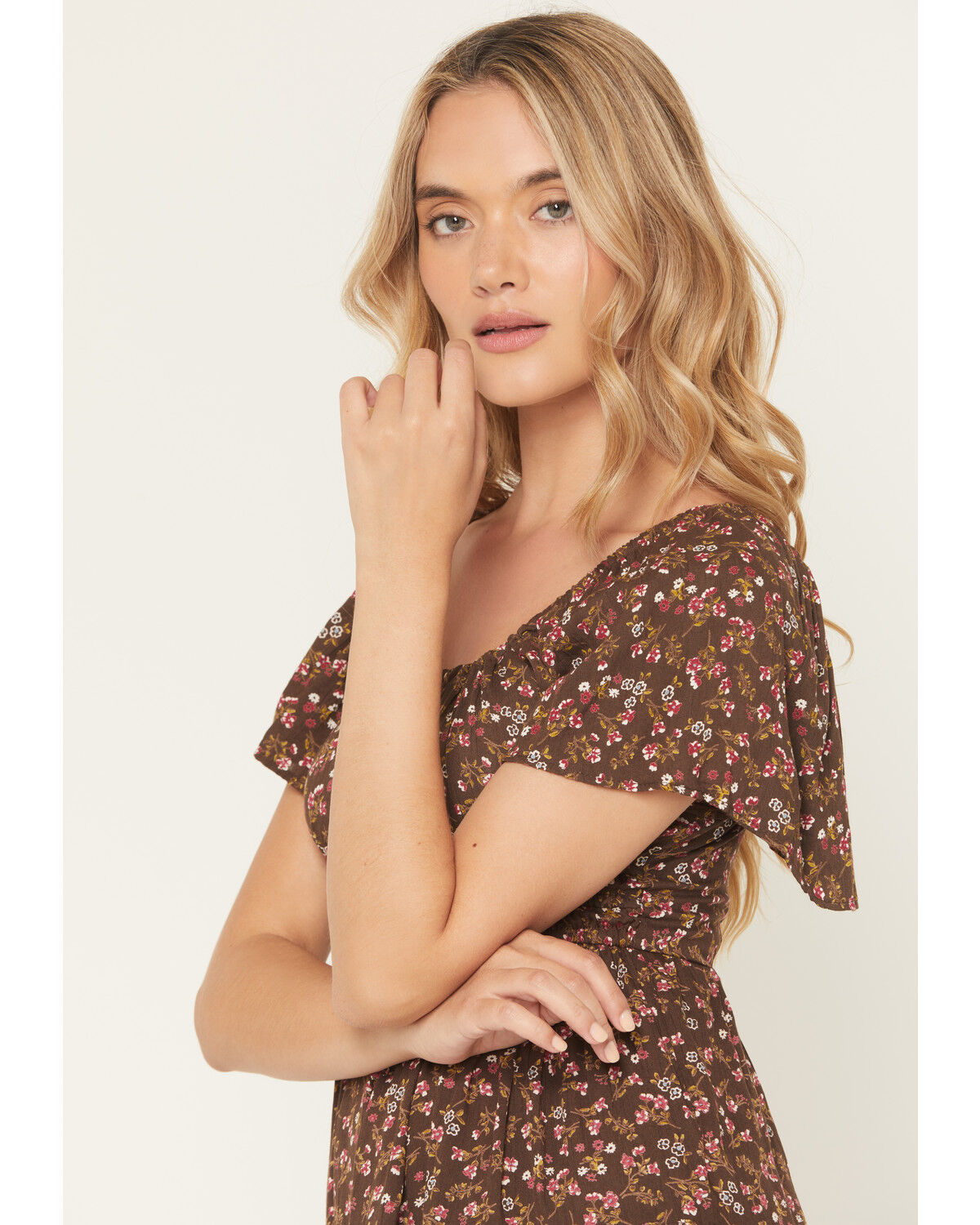 Image #3 - Angie Women's Floral Print Short Sleeve Mini Dress, Dark Brown, hi-res