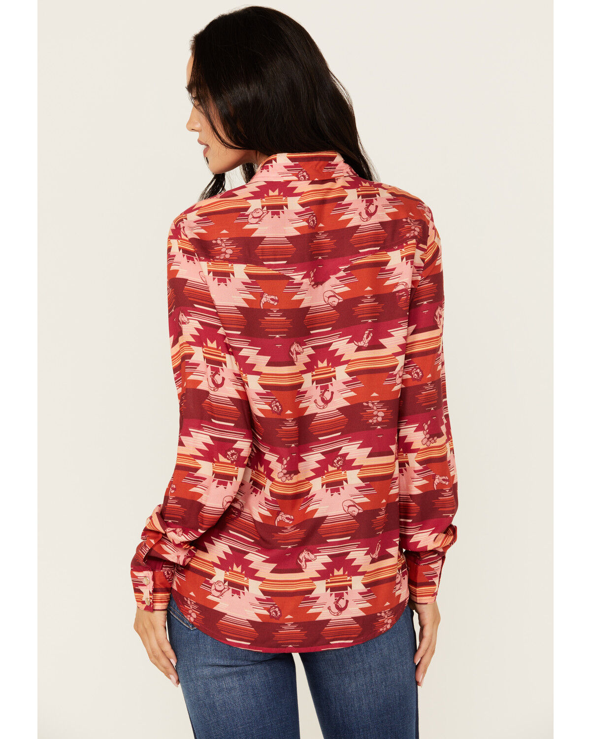 Image #4 - Roper Women's Southwestern Print Long Sleeve Pearl Snap Blouse, Red, hi-res