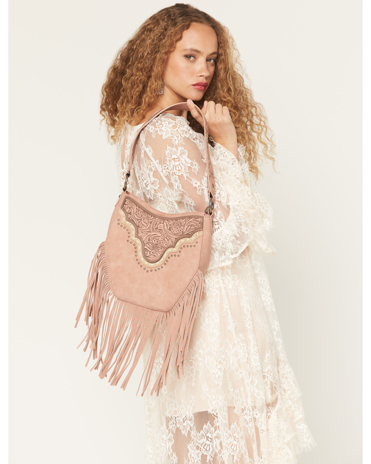 Image #1 - Montana West Women's Tooled Fringe Hobo Shoulder Bag, Dark Pink, hi-res