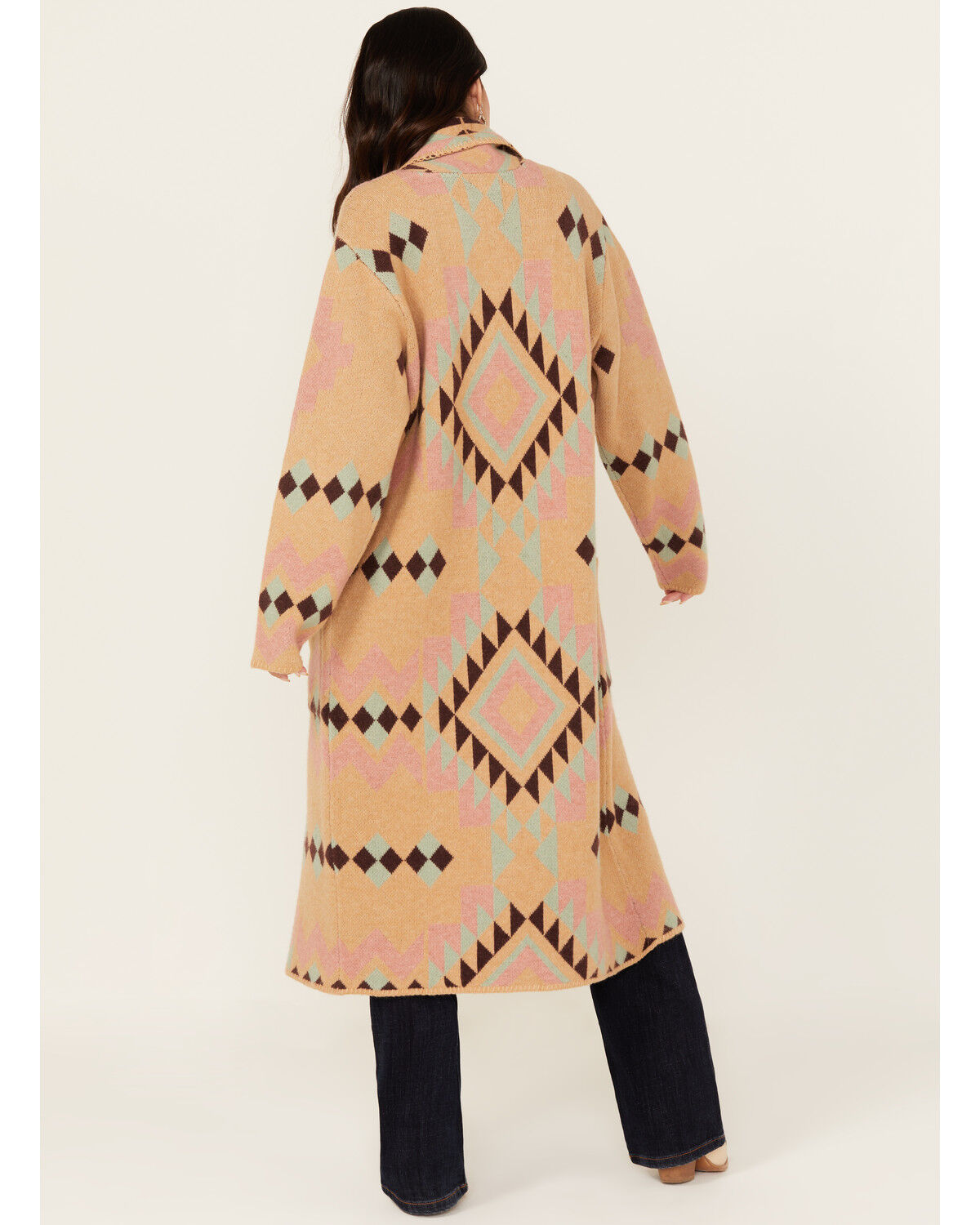 Image #4 - Ariat Women's Southwestern Geo Print Duster Sweater, Tan, hi-res