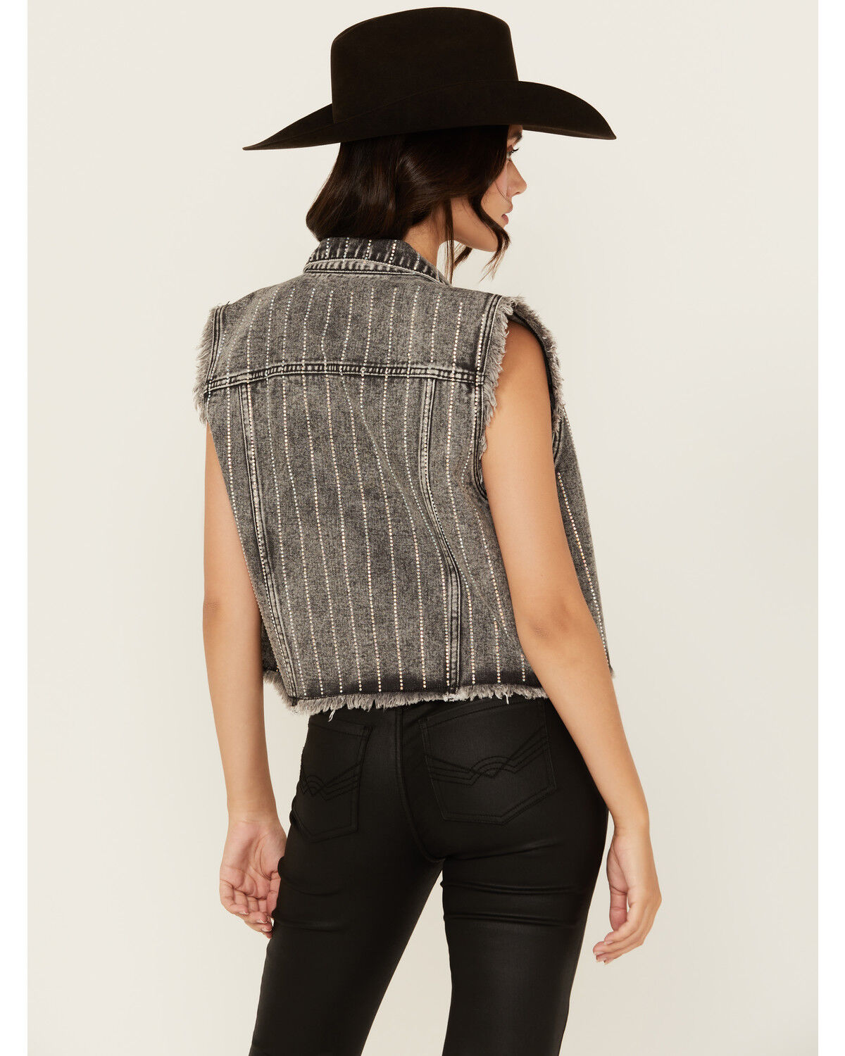Image #4 - Veveret Women's Rhinestone Button-Down Denim Vest, Black, hi-res