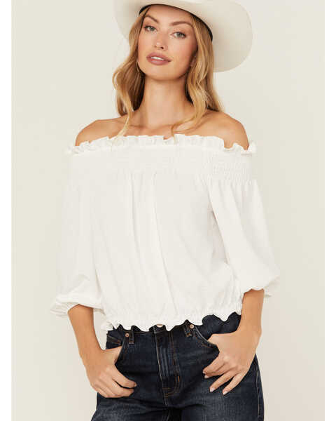 Image #1 - Wild Moss Women's Solid Smocked Off The Shoulder Top, White, hi-res