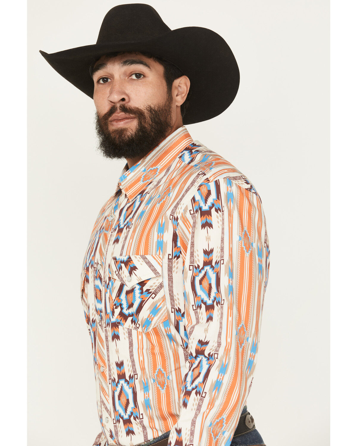 Image #2 - Rock & Roll Denim Men's Southwestern Print Long Sleeve Snap Stretch Western Shirt, Orange, hi-res