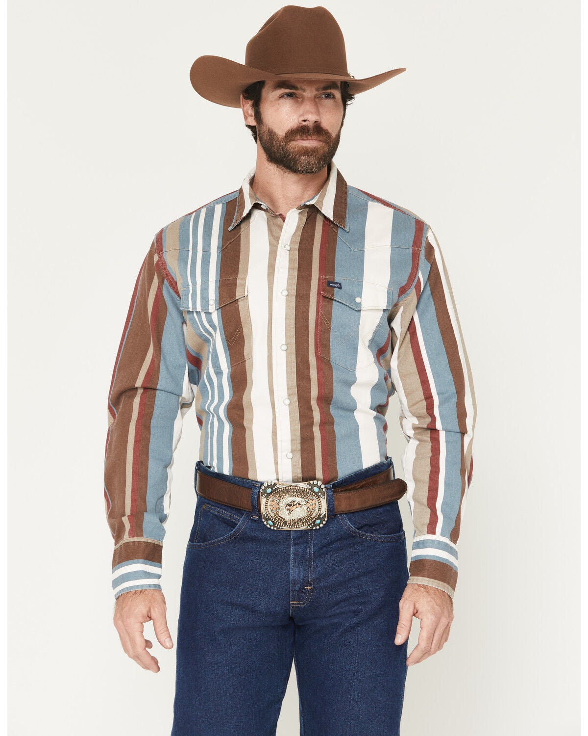 Wrangler Men's Brushpopper Denim Striped Long Sleeve Snap Western Shirt, Multi, hi-res