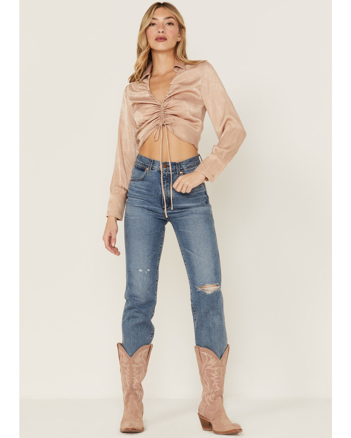 Image #4 - Lush Women's Satin Cinch Front Blouse, Blush, hi-res