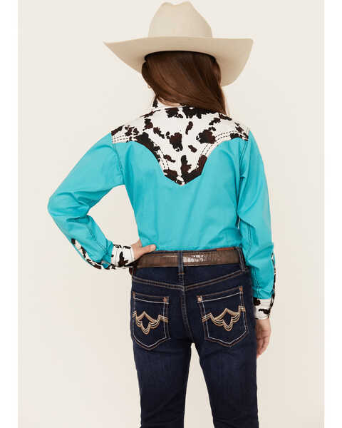 Image #4 - Cowgirl Hardware Girls' Cow Print Yoke Long Sleeve Snap Western Shirt , Turquoise, hi-res