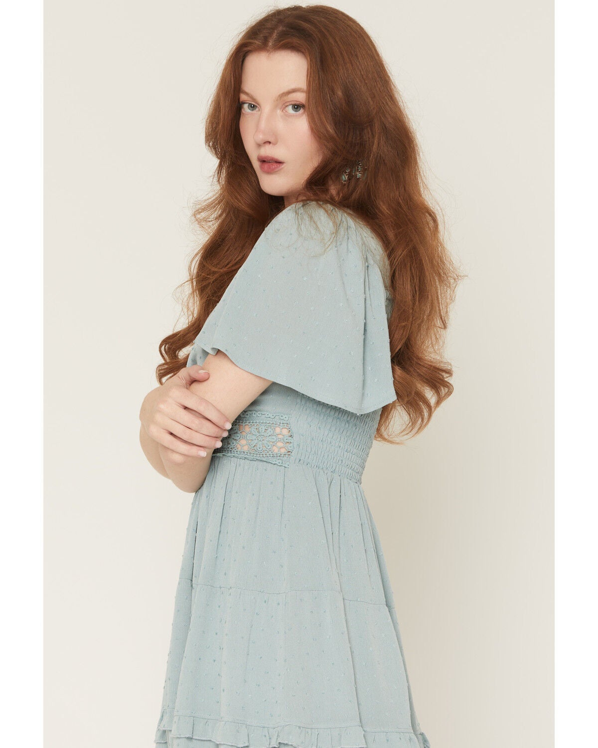 Image #2 - Wild Moss Women's Crochet Inset Short Sleeve Mini Dress, Aqua, hi-res
