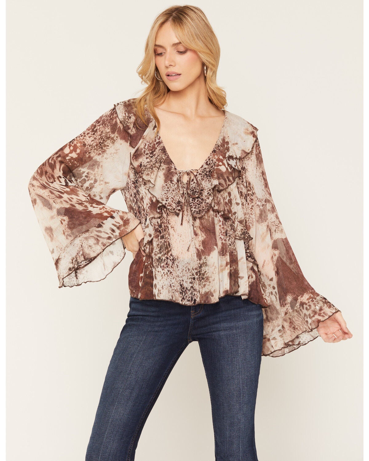 Image #1 - Shyanne Women's Randall Sheer Printed Ruffle Trim Top, Brown, hi-res