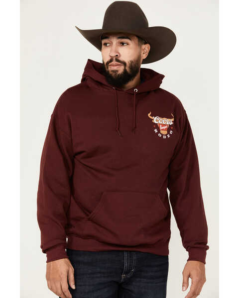 Image #1 - Changes Men's Boot Barn Exclusive Coors Banquet Logo Hooded Sweatshirt , Burgundy, hi-res