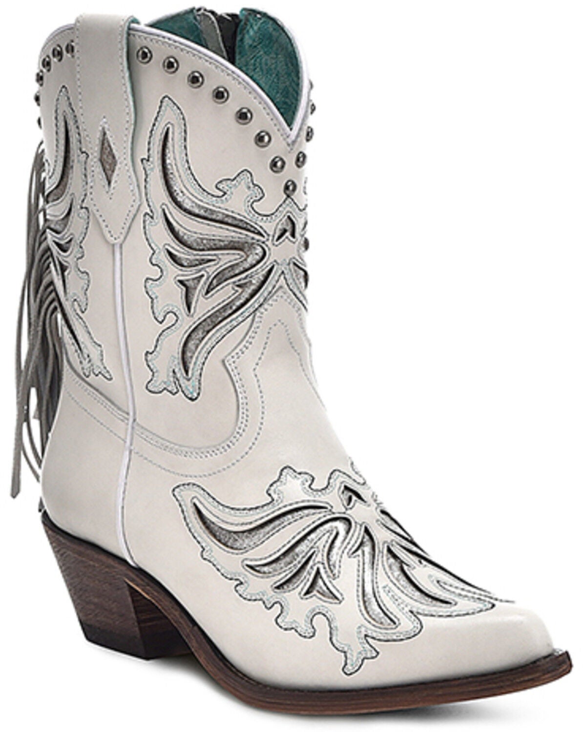 Corral Women's Fringe Inlay Ankle Western Boots - Snip Toe, White, hi-res