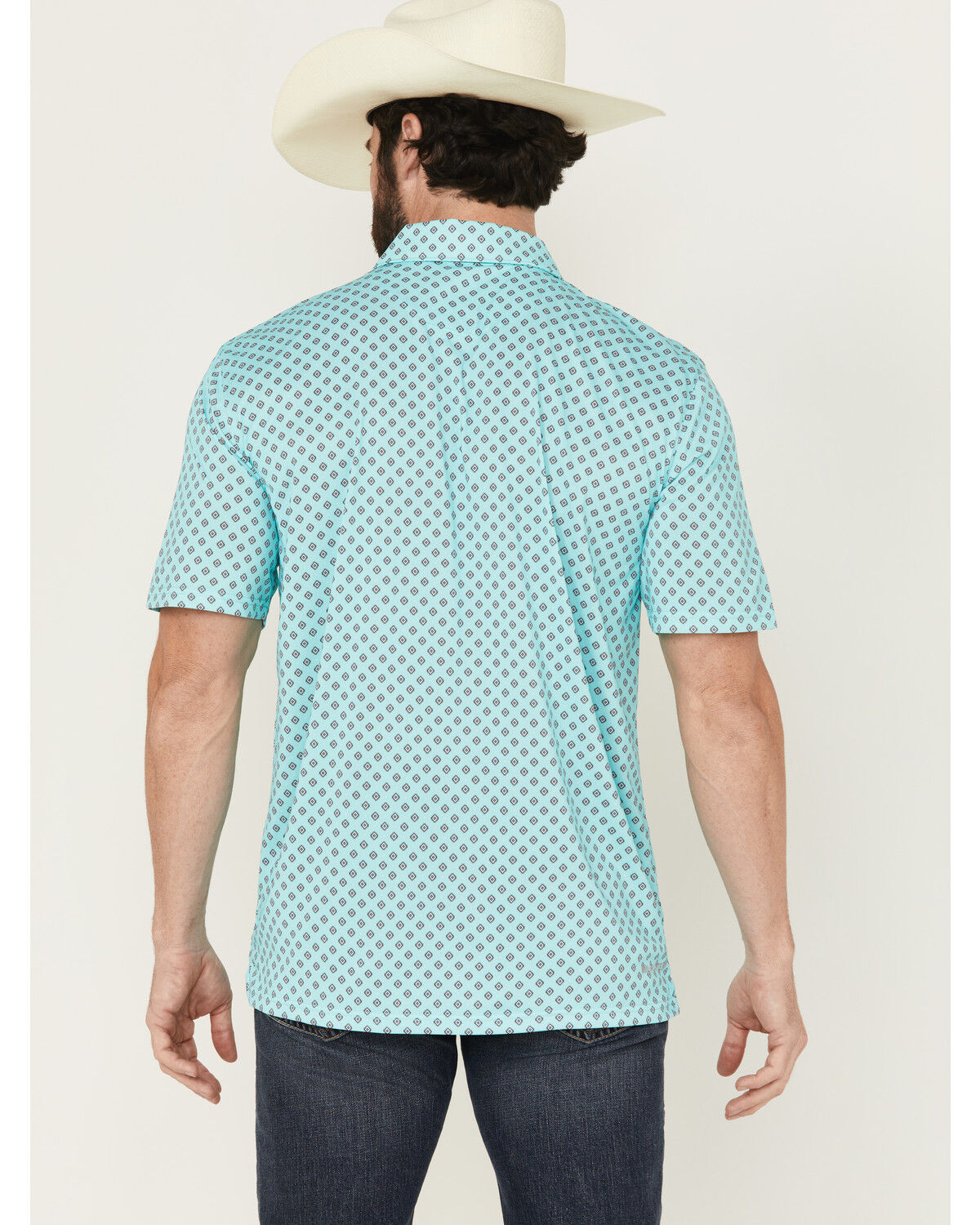 Image #4 - Ariat Men's Geo Print Short Sleeve Button-Down Performance Polo, Aqua, hi-res