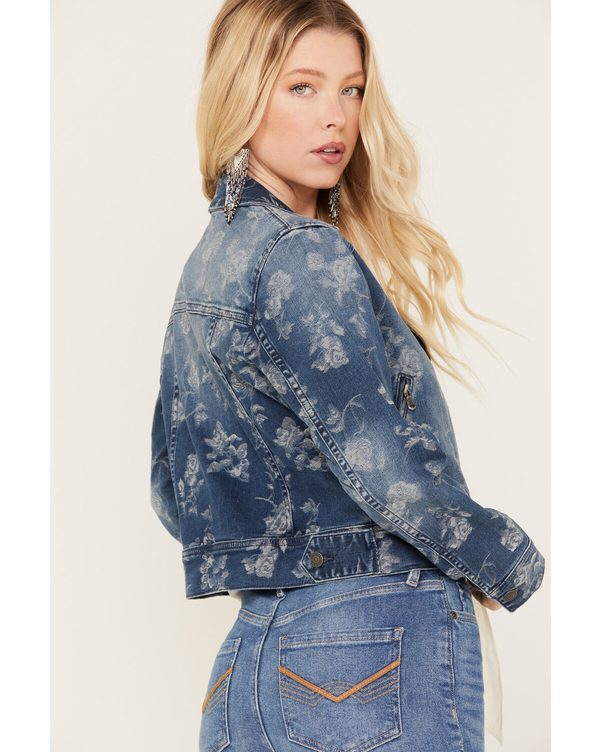 Image #4 - Idyllwind Women's Floral Drive Print Denim Moto Jacket, Dark Medium Wash, hi-res