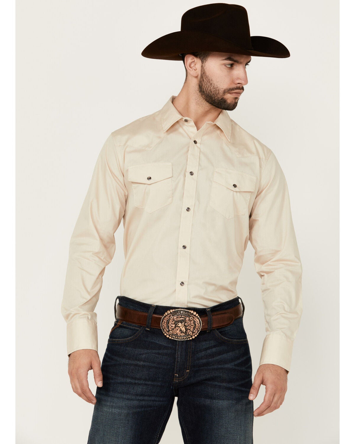 Gibson Men's Basic Solid Long Sleeve Pearl Snap Western Shirt - Tall, Tan, hi-res