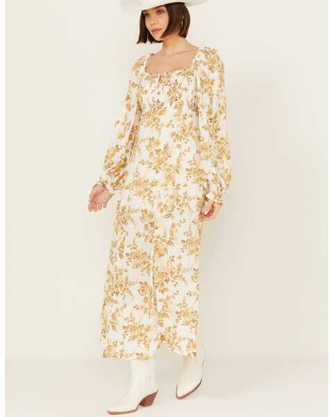 Image #1 - Free People Women's Jaymes Floral Print Long Sleeve Midi Dress , Yellow, hi-res