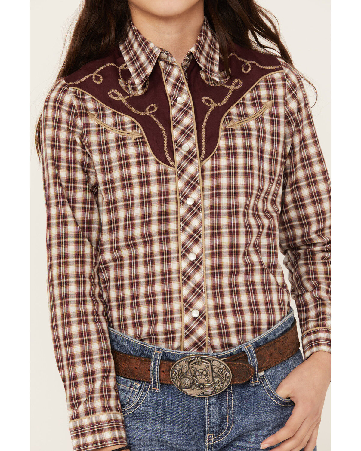 Image #3 - Roper Girls' Plaid Print Long Sleeve Pearl Snap Western Shirt, White, hi-res