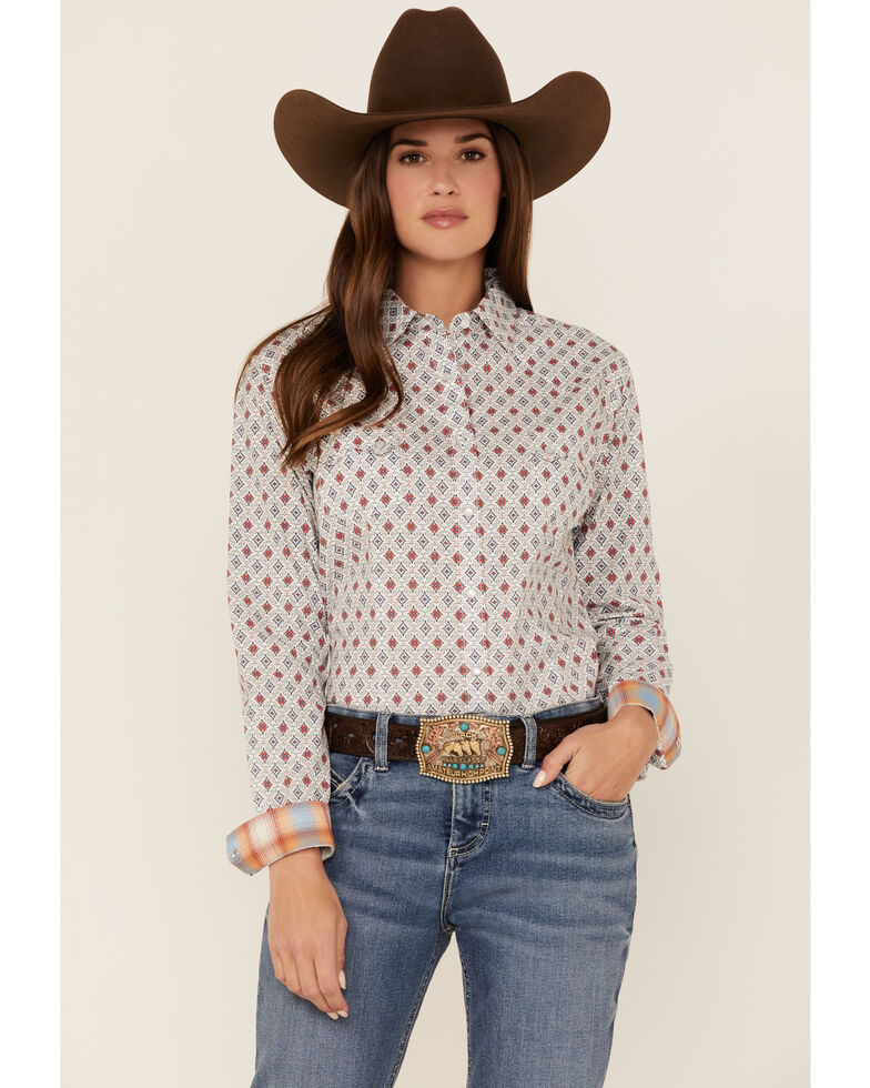 Panhandle Women's Diamond Geo Print Long Sleeve Snap Western Shirt, Ivory, hi-res