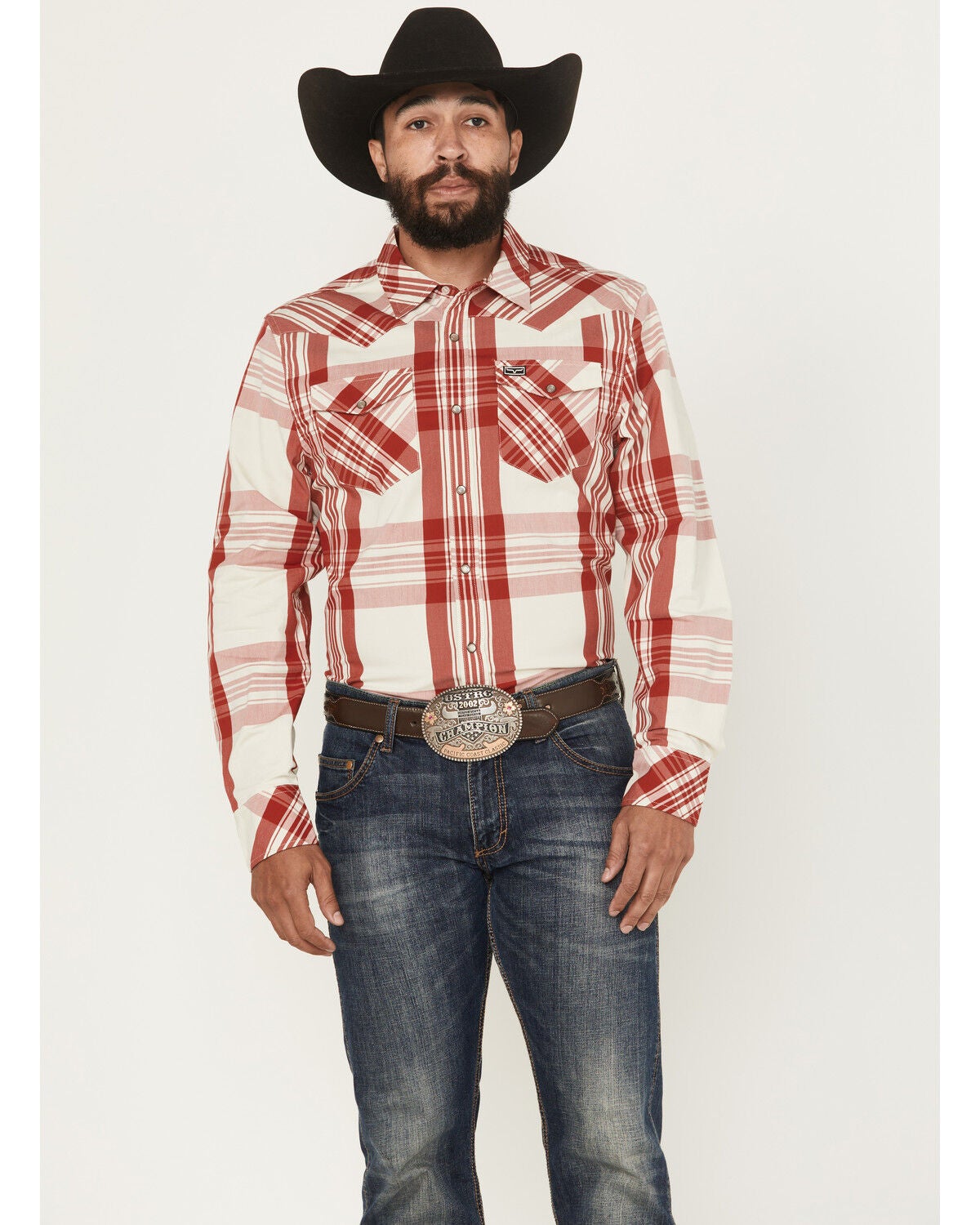 Kimes Ranch Men's Double R Plaid Print Long Sleeve Snap Western Shirt, Red, hi-res