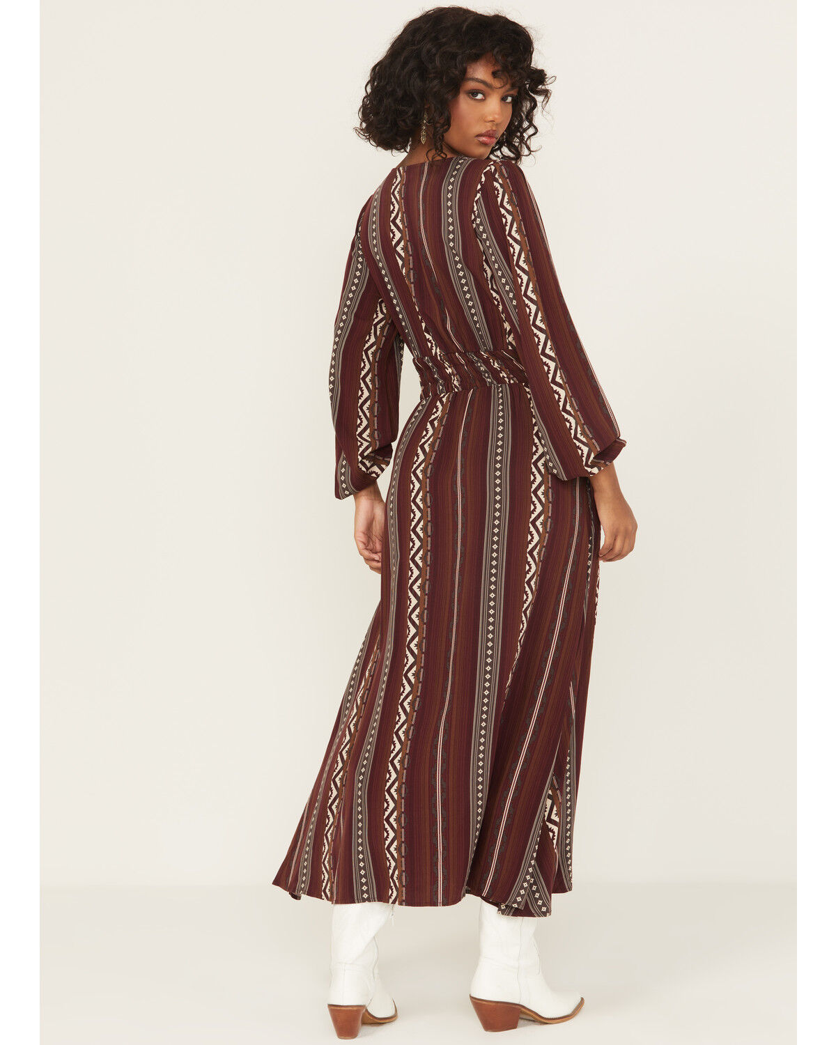 Image #4 - Wrangler Retro Women's Southwestern Striped Print Long Sleeve Button-Down Maxi Dress, Burgundy, hi-res
