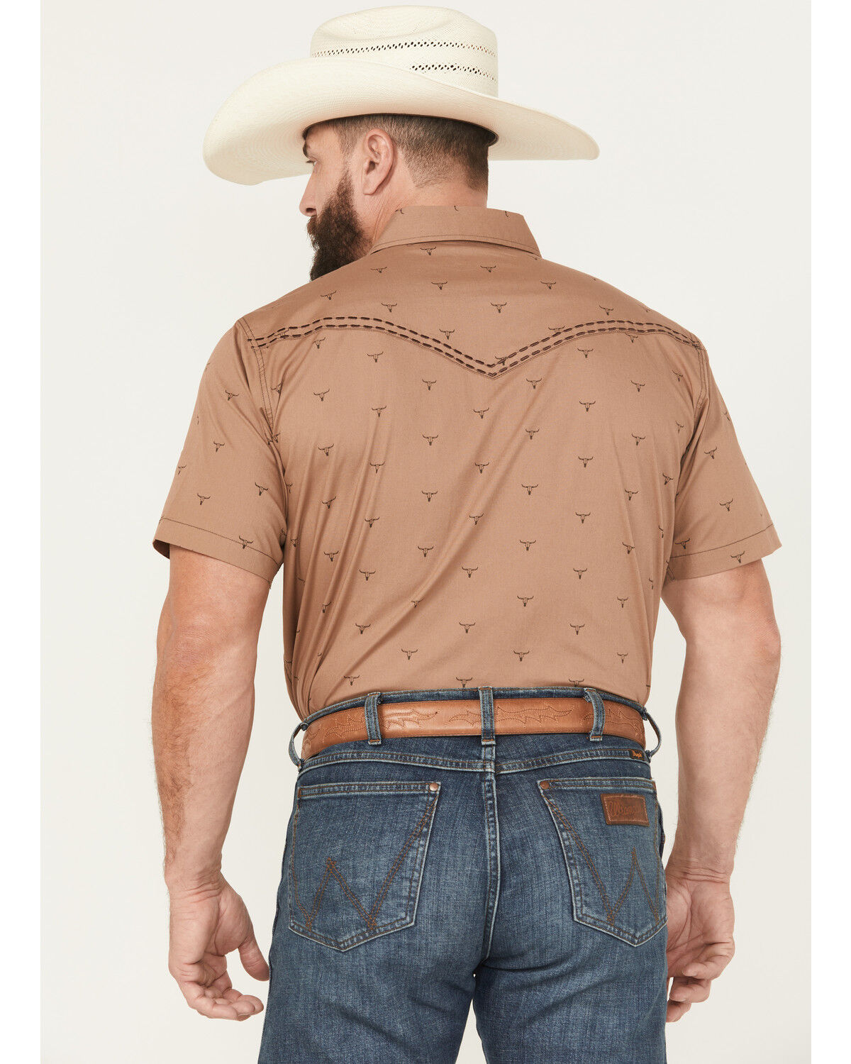 Image #4 - Cowboy Hardware Men's Boot Barn Exclusive Steerhead Short Sleeve Snap Stretch Western Shirt, Brown, hi-res