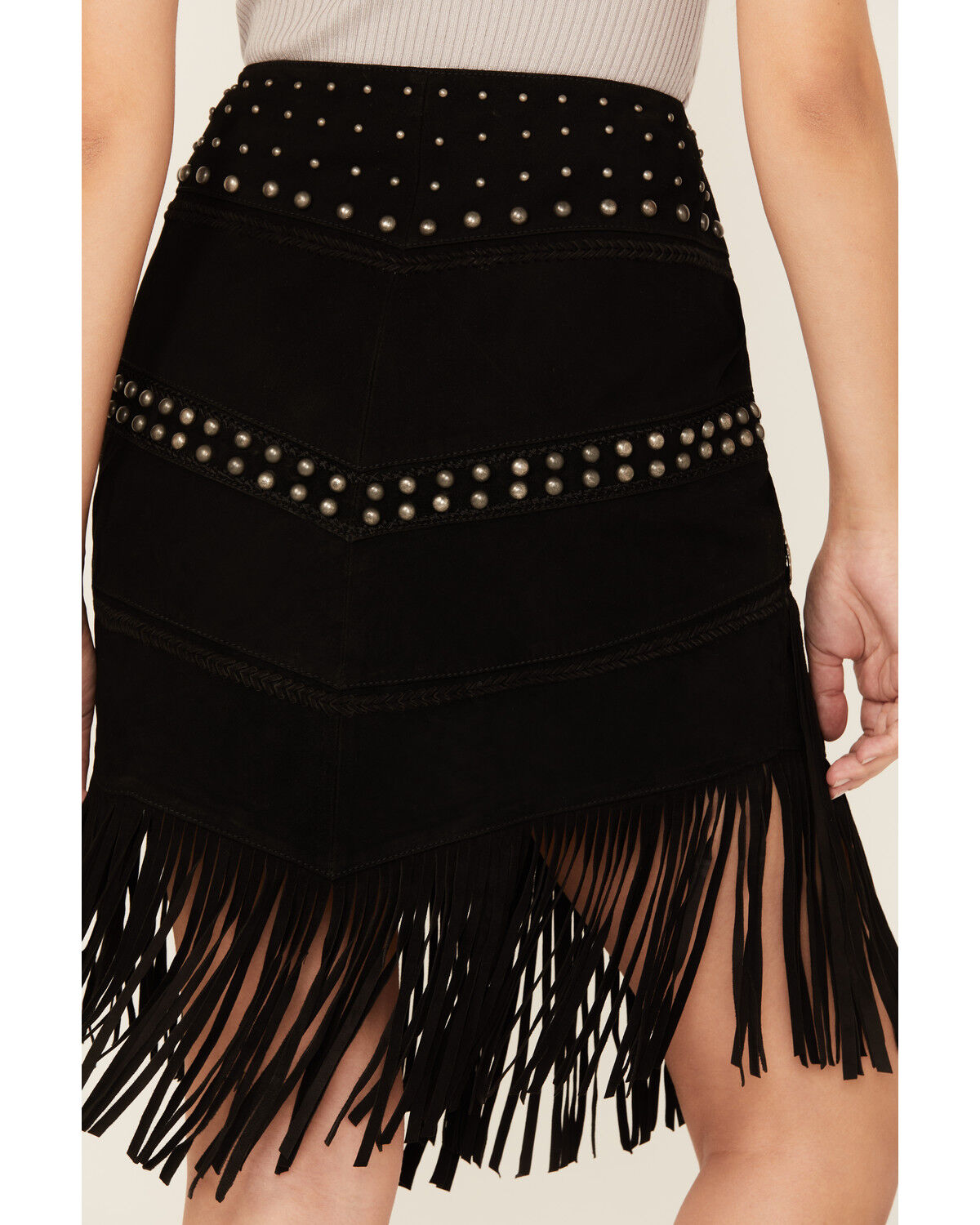 Image #4 - Scully Women's Fringe Concho Studded Suede Skirt, Black, hi-res
