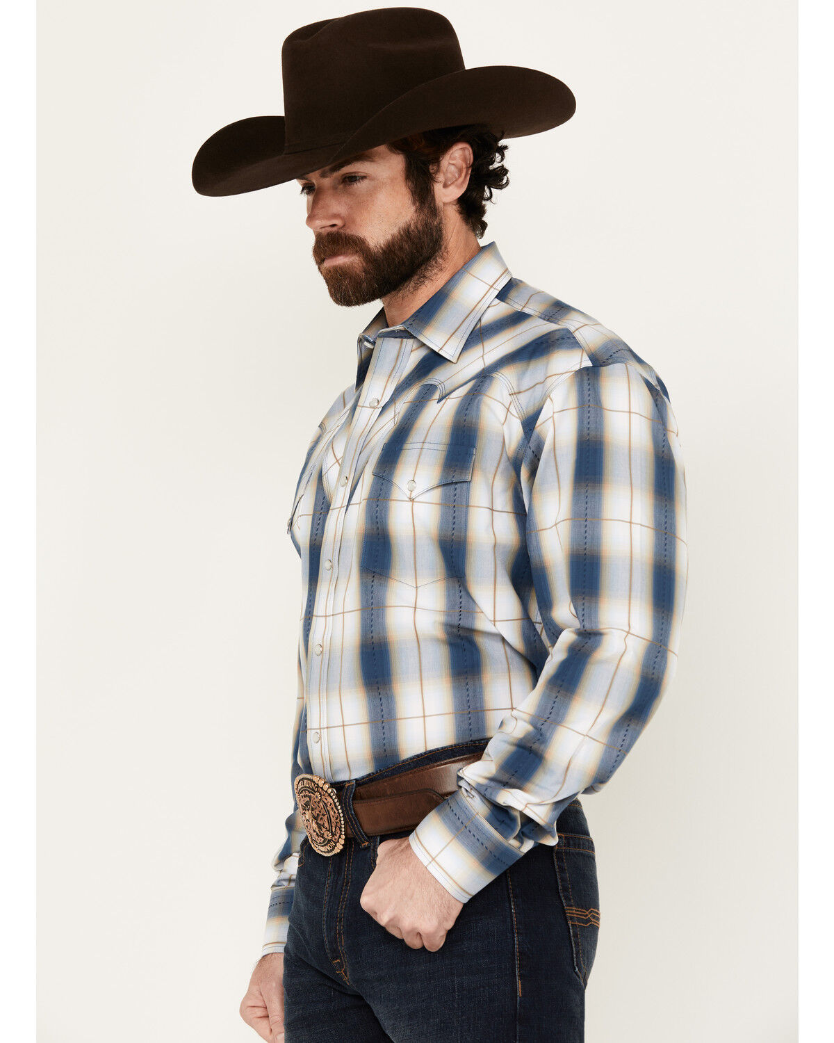 Image #2 - Stetson Men's Plaid Print Long Sleeve Pearl Snap Western Shirt, Blue, hi-res