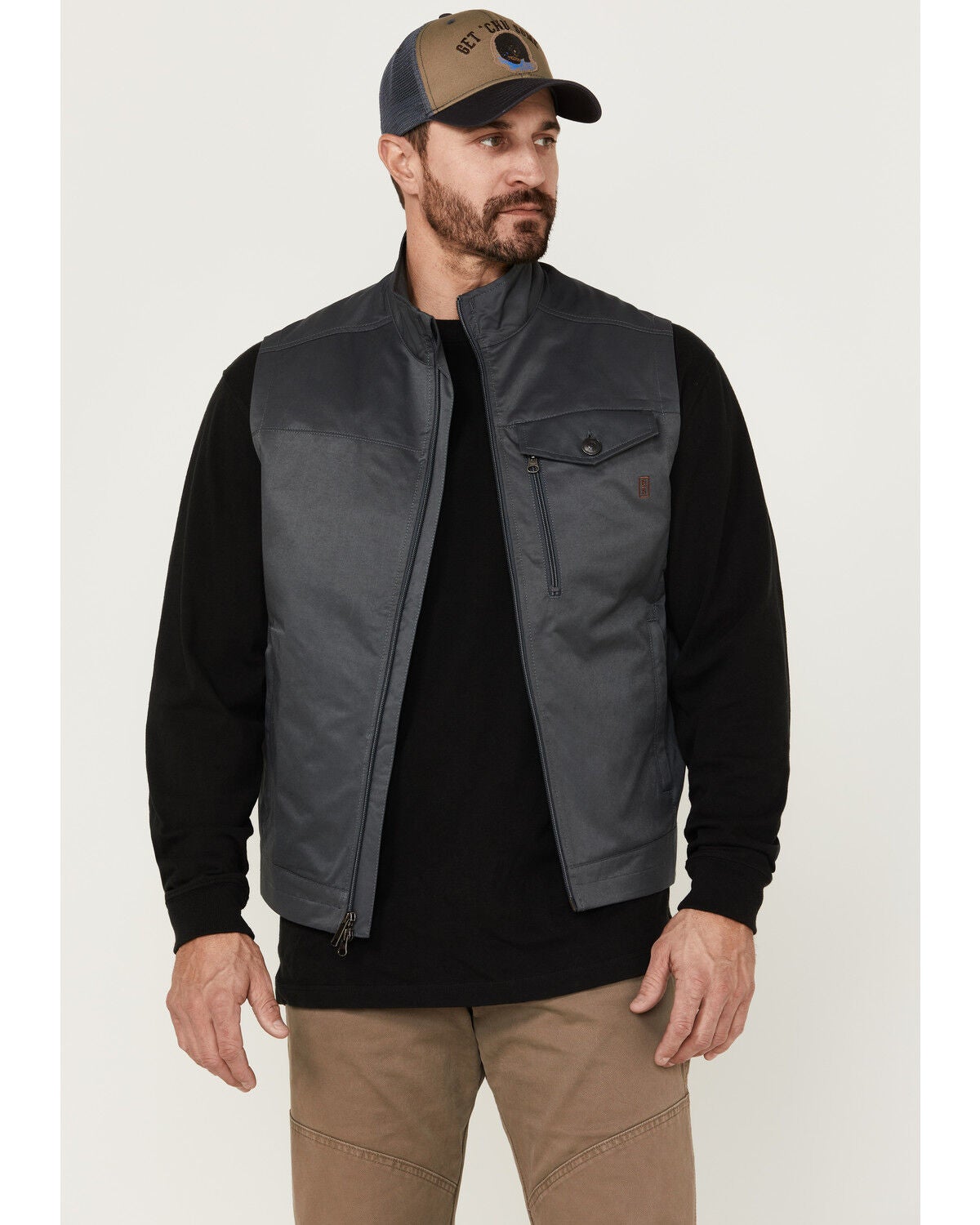 Brothers and Sons Men's Solid Baby Twill CC Zip-Front Vest, Charcoal, hi-res