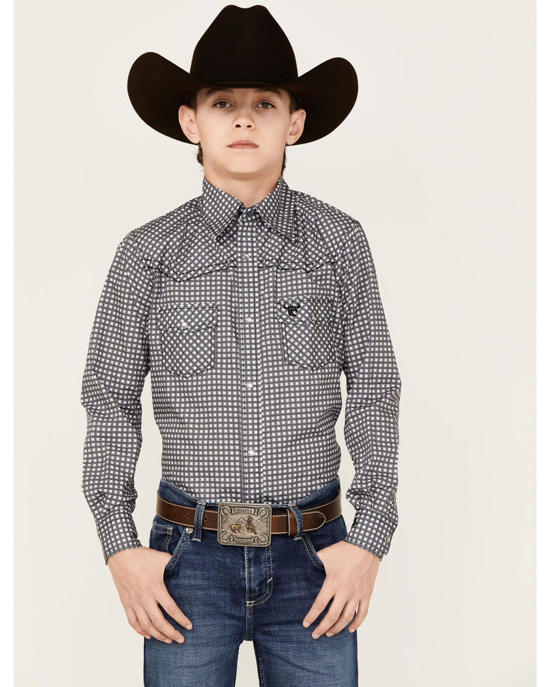 Cowboy Hardware Boys' Wavy Square Print Long Sleeve Snap Shirt, Charcoal, hi-res