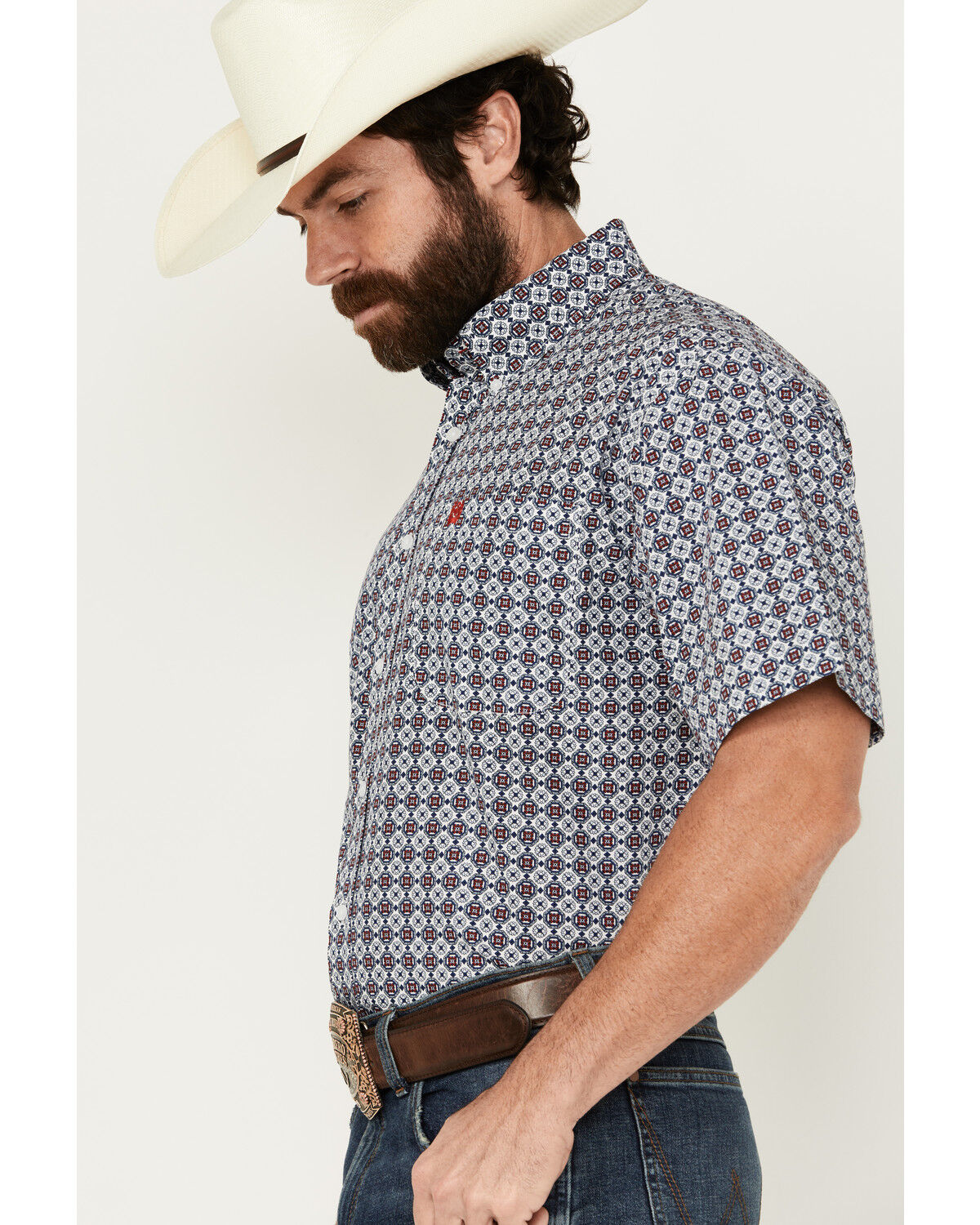 Image #2 - Cinch Men's Boot Barn Exclusive Medallion Print Short Sleeve Button-Down Western Shirt, White, hi-res