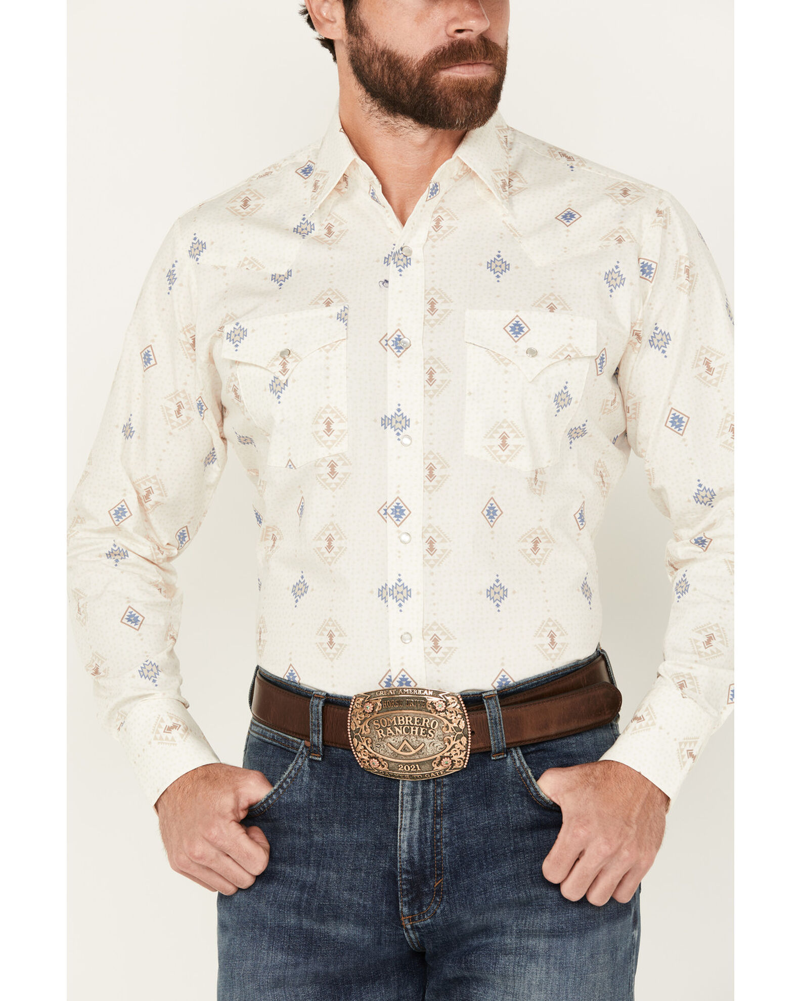 Image #3 - Ely Walker Men's Southwestern Print Long Sleeve Pearl Snap Western Shirt, Cream, hi-res